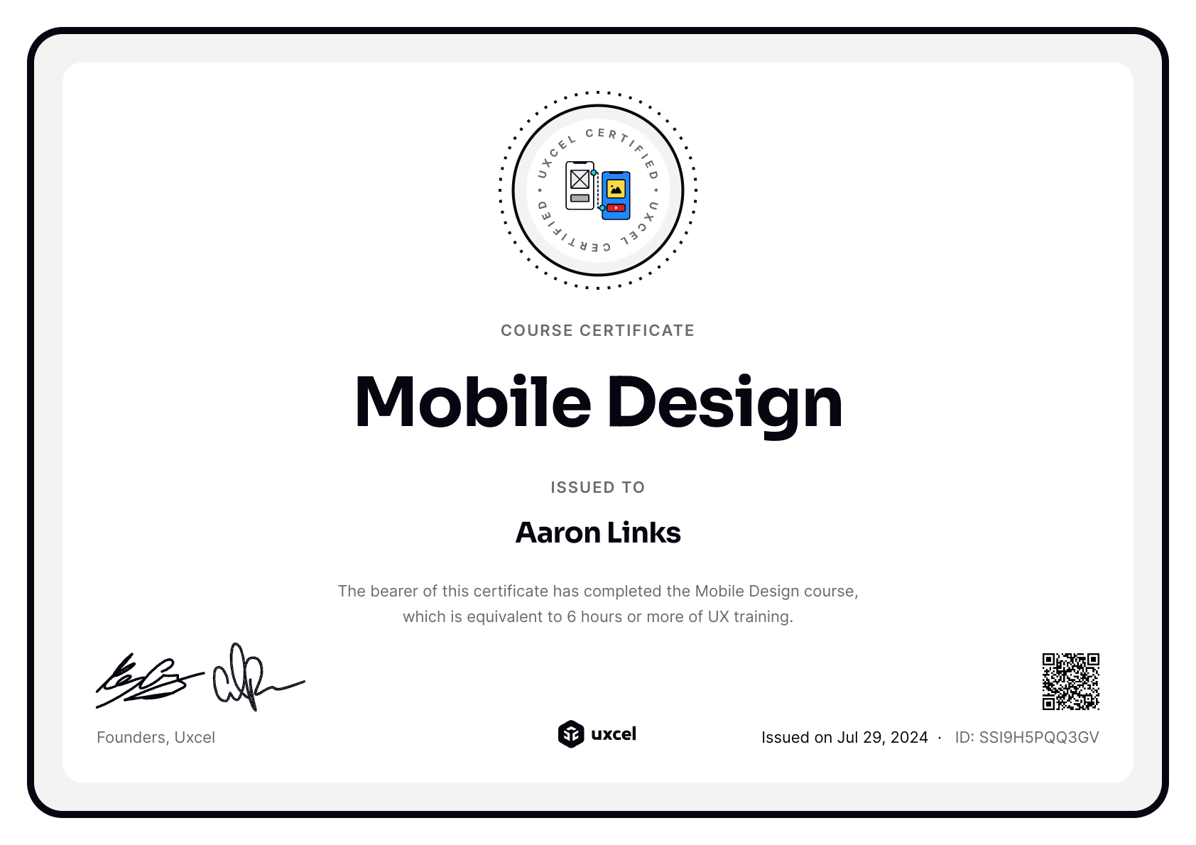 Aaron Links's certificate